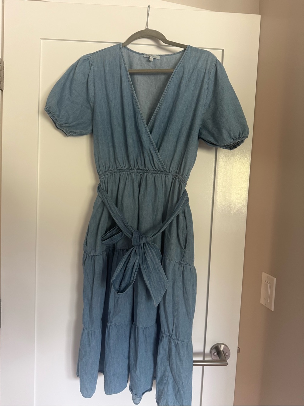 Denim Blue Wrap Midi Dress with Tie Waist